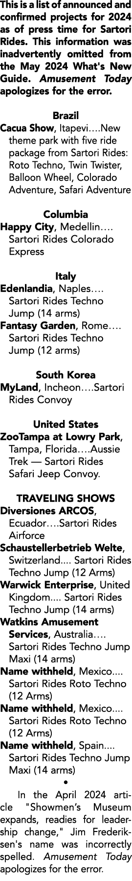 This is a list of announced and confirmed projects for 2024 as of press time for Sartori Rides. This information was ...