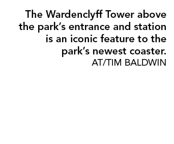 The Wardenclyff Tower above the park’s entrance and station is an iconic feature to the park’s newest coaster. AT/TIM...