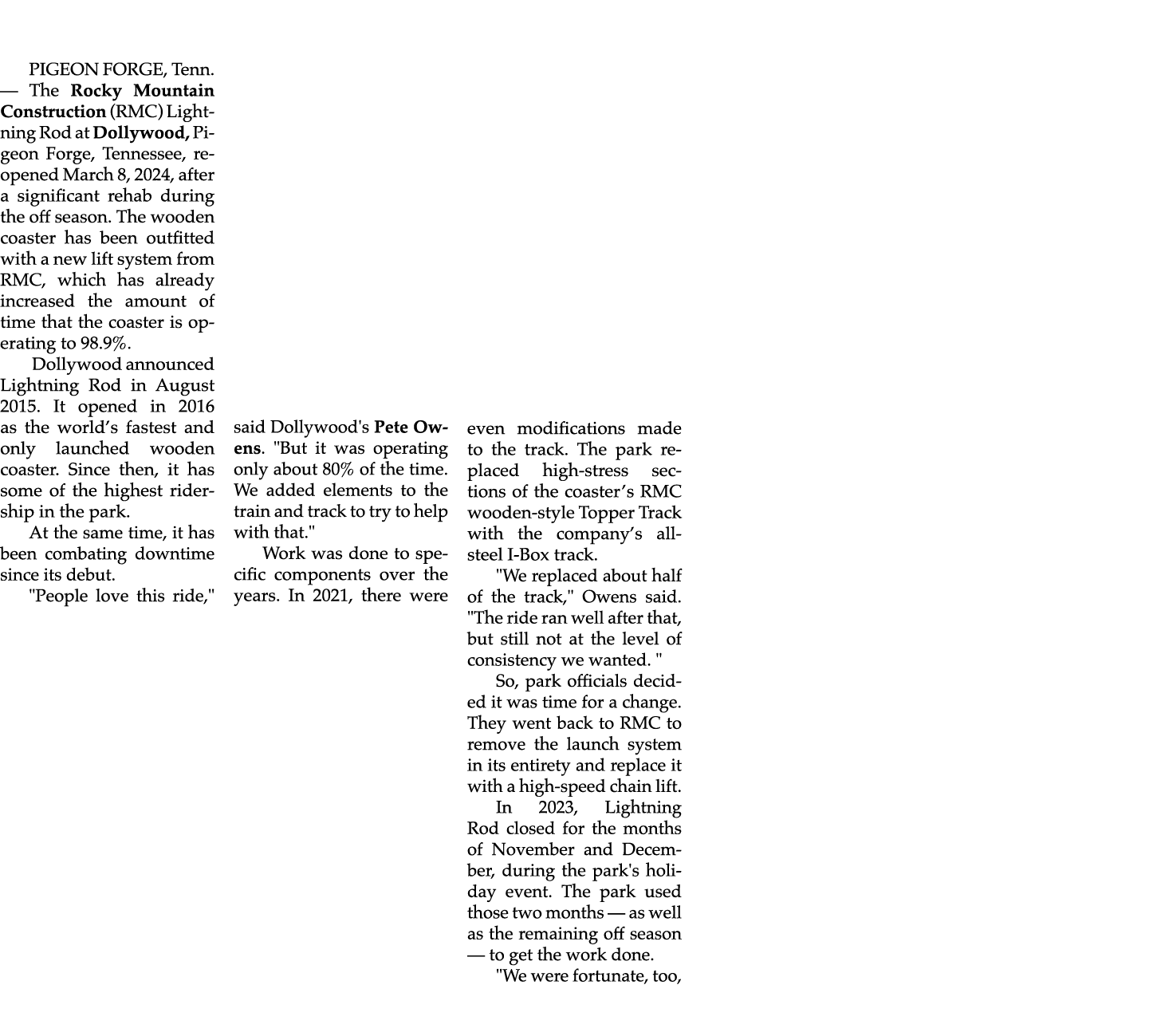 PIGEON FORGE, Tenn. — The Rocky Mountain Construction (RMC) Lightning Rod at Dollywood, Pigeon Forge, Tennessee, reop...