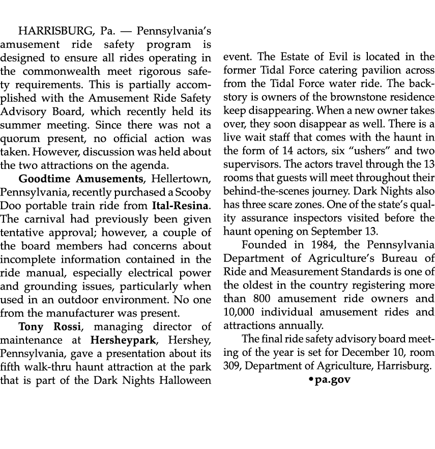 HARRISBURG, Pa. — Pennsylvania’s amusement ride safety program is designed to ensure all rides operating in the commo...