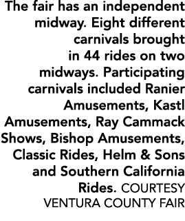 The fair has an independent midway. Eight different carnivals brought in 44 rides on two midways. Participating carni...