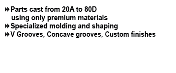 Parts cast from 20A to 80D using only premium materials Specialized molding and shaping V Grooves, Concave grooves...